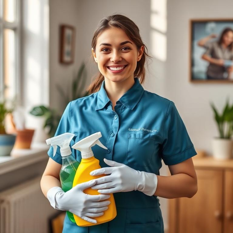 Happy cleaner holding supplies