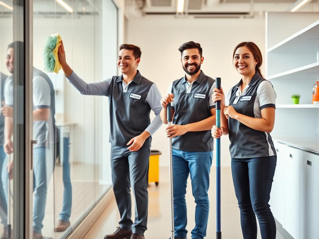 Professional cleaning team working together in a modern office