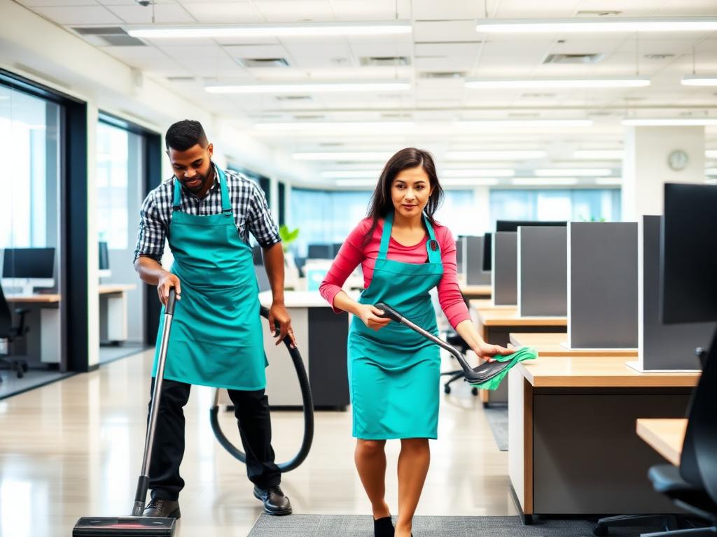 Diverse cleaning team working in a modern office