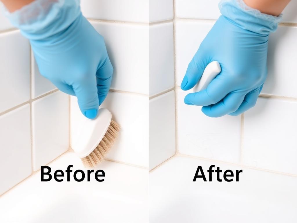 Close-up of deep grout scrubbing before and after