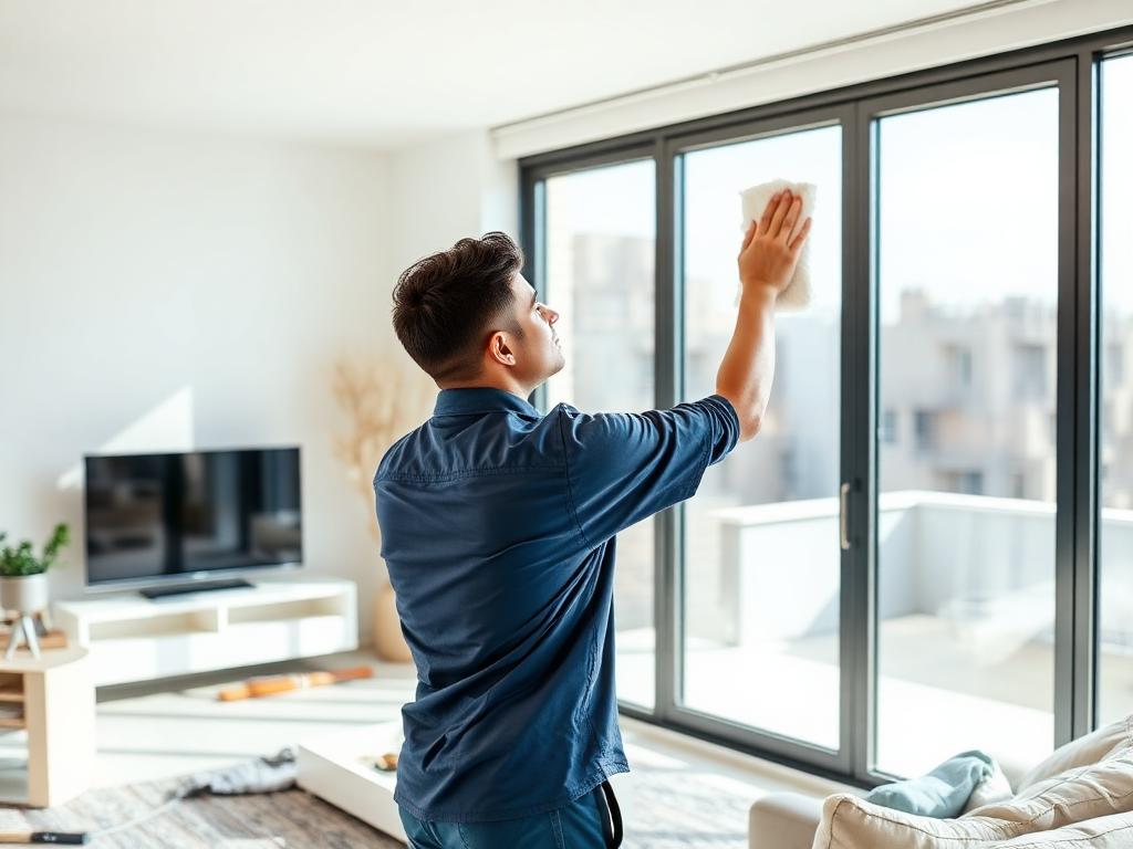 Cleaner wiping windows in a post-renovation living room