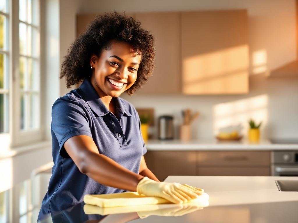 Professional cleaner wiping a modern kitchen countertop