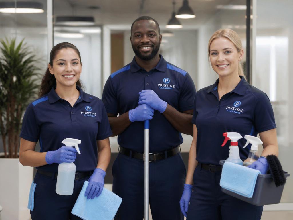 Indigo Pro Cleaning professional team standing together with cleaning supplies
